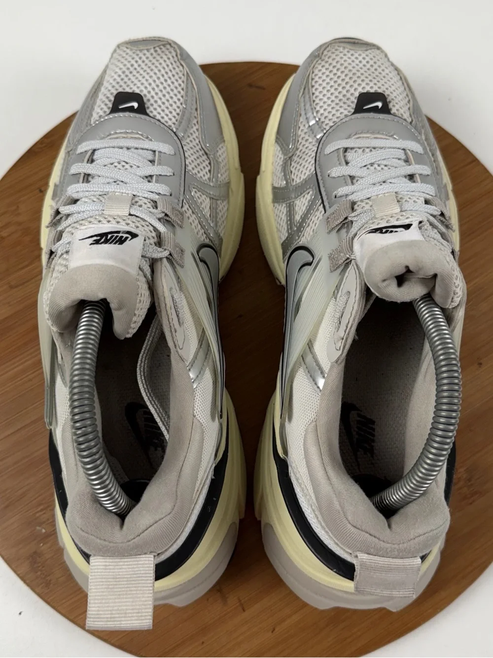 Nike V2K Run Metallic Silver & Cream Mesh Trainer Sneakers - Picture 5 of 9